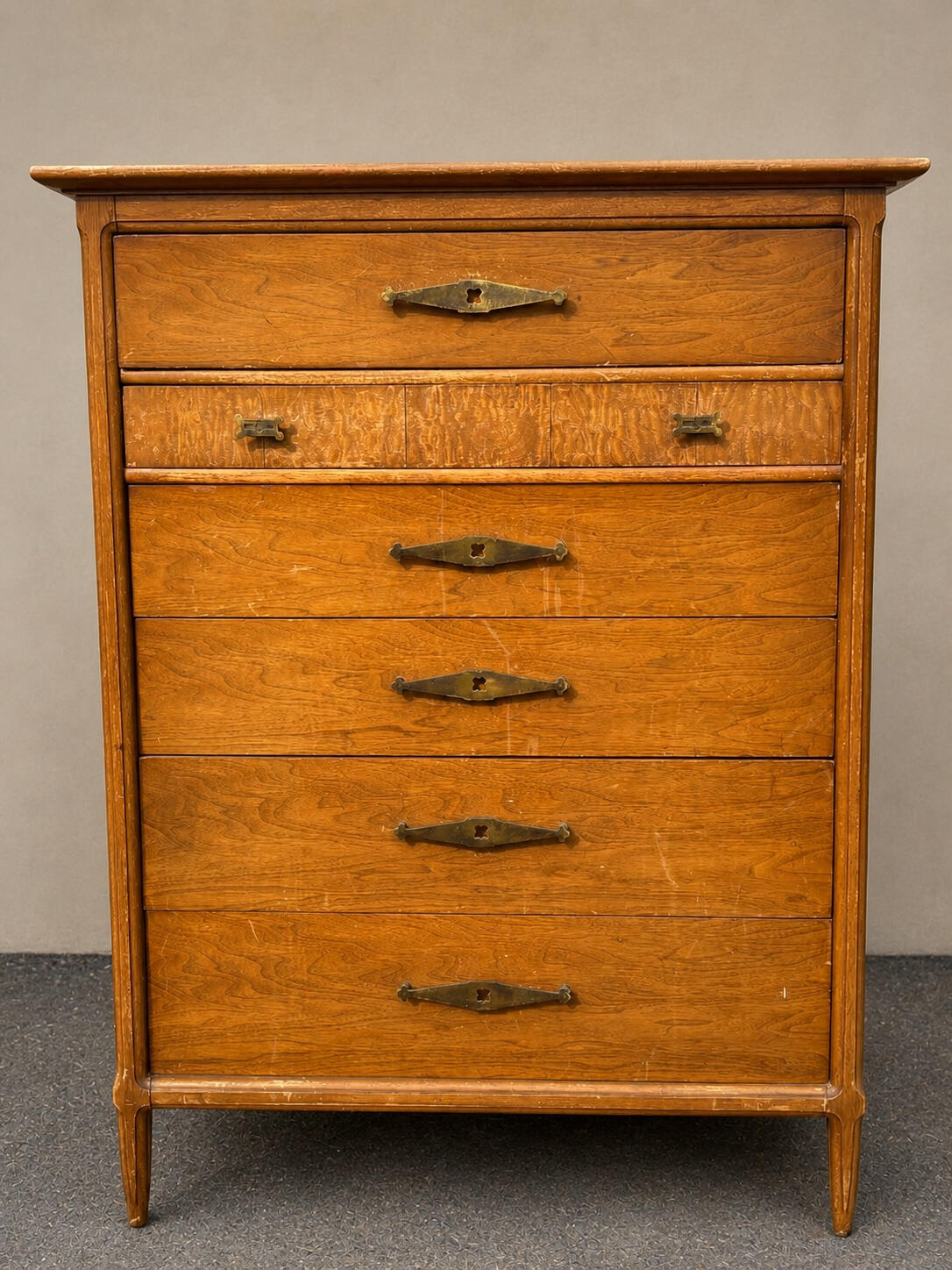 Next Piece Next Piece of Furniture, 6 drawer MCM tall boy with brass pulls and knobs